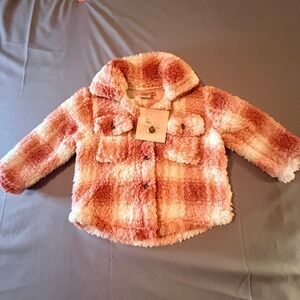 Girls 3T Cozy Plaid Sherpa Fleece Lined Jacket Button Front Pink White NWT